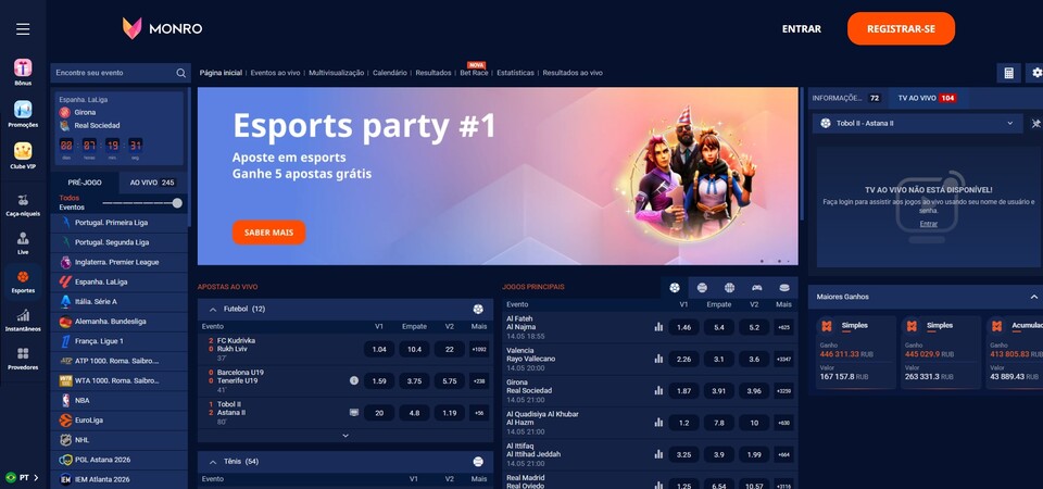 Captura de ecrã da página de desporto do Monro