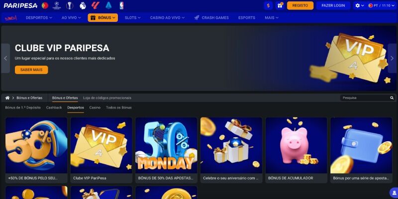 Ecrã promocional dos desportos Paripesa