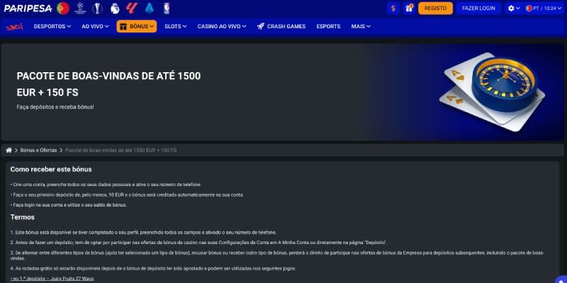 Paripesa Casino Pacote de Bónus de Boas Vindas captura de ecrã