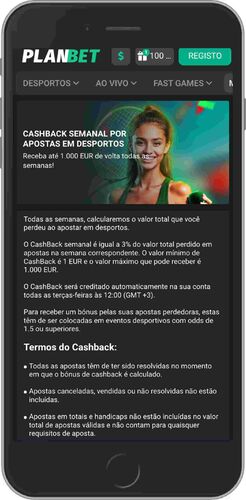 Ecrã de bónus de cashback do Planbet