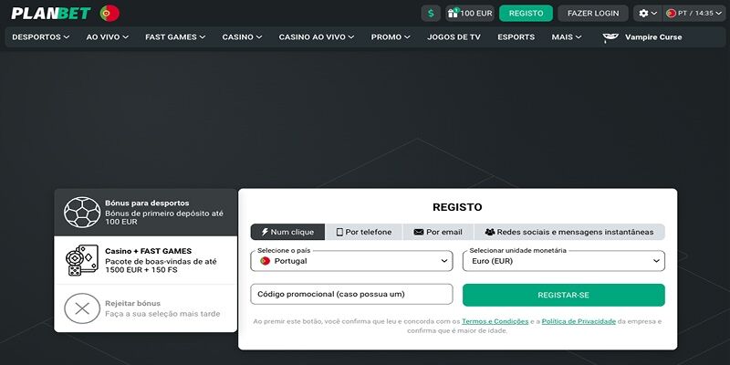 Formulário de registo do Planbet com opções de bónus para desportos e casino, apresentando campos para seleção de país (Portugal), moeda (Euro) e código promocional.
