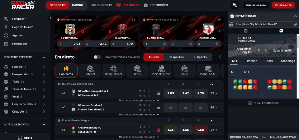 Captura de ecrã da página desportiva Redracer