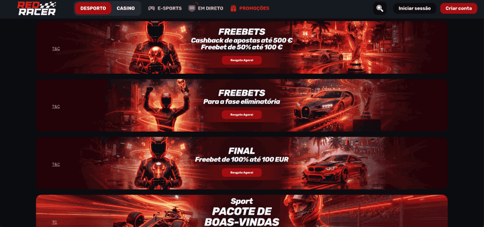 Captura de ecrã da página de promoções da Redracer