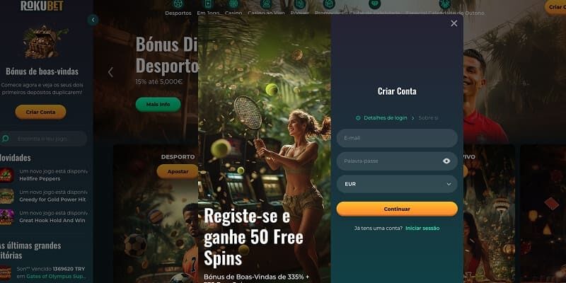Página do Rokubet com formulário 'Criar Conta' e promoção de bónus desportivo de 15% até 5.000€, apresentando campos para email, palavra-passe e seleção de moeda EUR.