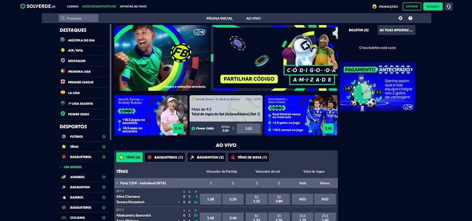Captura de ecrã da cobertura desportiva no Solverde