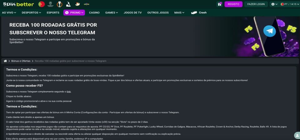 Captura de ecrã do bónus de inscrição de 100 jogadas grátis do Spinbetter Casino