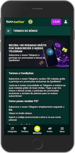 Interface móvel do Spinbetter apresentando promoção de 100 rodadas grátis por subscrever o Telegram, com termos e condições detalhados da oferta visíveis no ecrã do smartphone.
