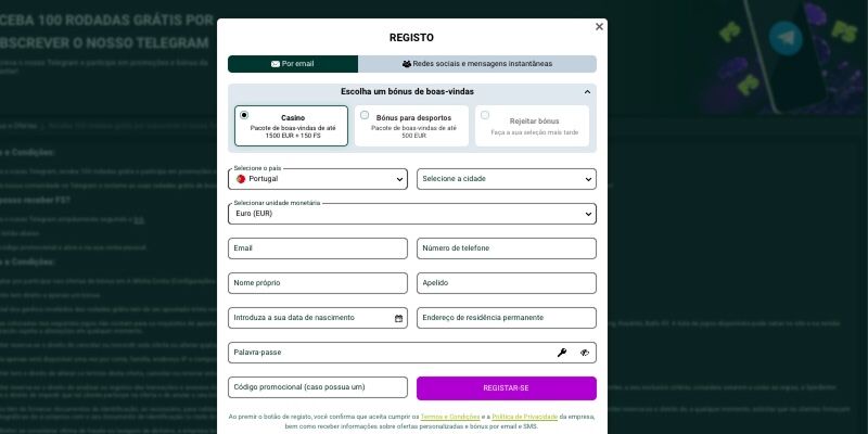 Formulário de registo detalhado do Spinbetter com opções de bónus para casino e desportos, incluindo campos para dados pessoais, país (Portugal), moeda e código promocional.