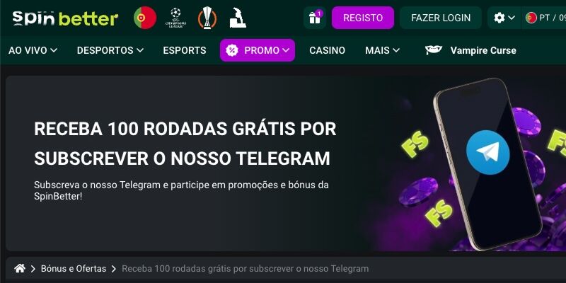 Página promocional do Spinbetter oferecendo 100 rodadas grátis por subscrever o canal Telegram, com design moderno e ícone do Telegram em destaque.