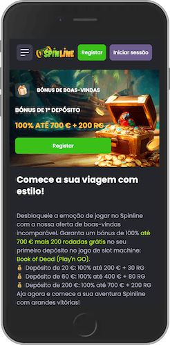 Interface móvel do Spinline apresentando bónus de boas-vindas e de 1º depósito de 100% até 700€ + 200 rodadas grátis, com design temático de tesouro e botão de registo em destaque.