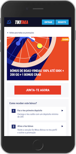 Interface móvel do Tikitaka mostrando bónus de boas-vindas de 100% até 500€ + 200 rodadas grátis + 1 Bonus Crab, com informações sobre os primeiros depósitos e secção de perguntas frequentes visível.