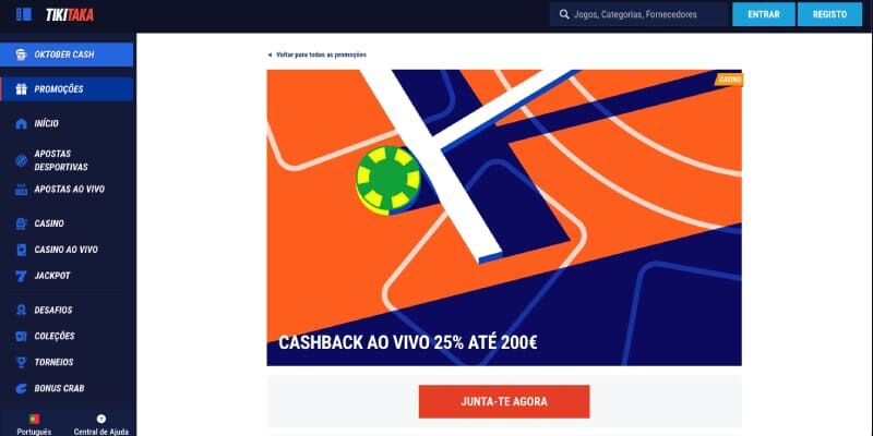TikiTaka Casino Cashback captura de ecrã bónus