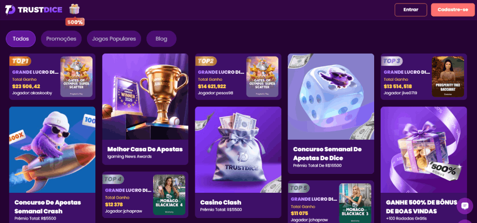 Captura de ecrã da página de promoções da Trustdice