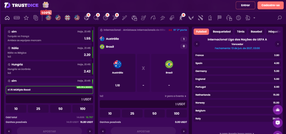 Captura de ecrã da página desportiva Trustdice