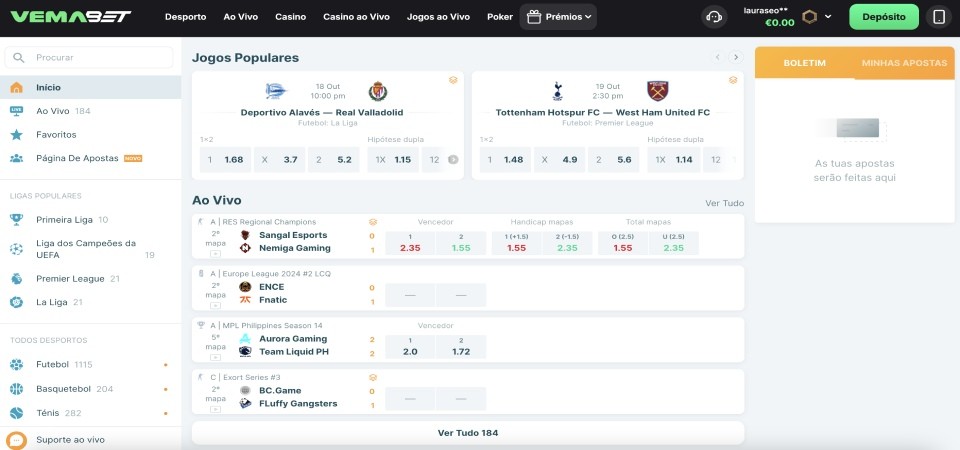 Captura de ecrã da página de desporto para desktop Vemabet