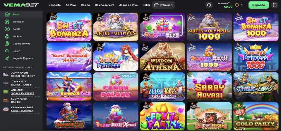Captura de ecrã da página de slots de casino para desktop Vemabet
