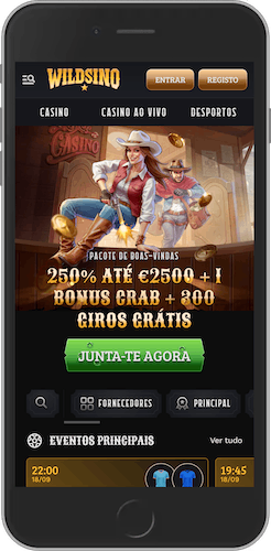 Interface móvel do Wildsino apresentando pacote de boas-vindas de 250% até €2500 + 1 Bonus Crab + 800 giros grátis, com design temático western e navegação por categorias de casino e desportos.