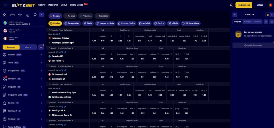 Captura de ecrã da secção de desportos no Blitz-Bet