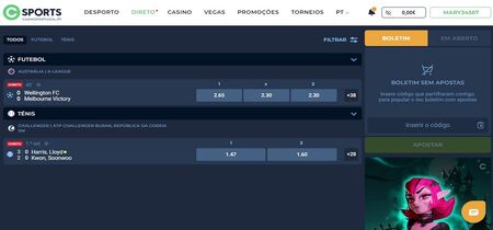 Captura de tela da página de esportes ao vivo do Casino Portugal