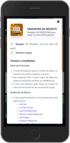 Versão móvel da promoção de freespins do Casino Portugal exibida num smartphone, mostrando os detalhes completos da oferta de 20 freespins de registo e os termos e condições da promoção.