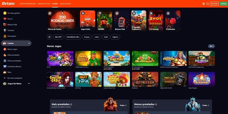 Captura de ecrã da página do casino no Betano