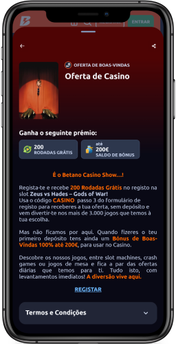 Captura de ecrã do bónus na Casino Betano