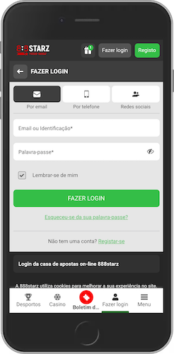 Captura de ecrã do telemóvel como iniciar sessão na app 888starz