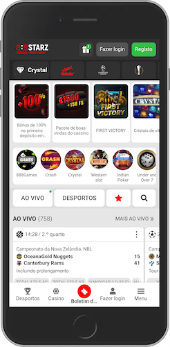 Captura de ecrã do telemóvel da página principal do 888starz