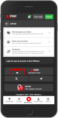 Captura de ecrã do telemóvel apoio ao cliente do 888starz