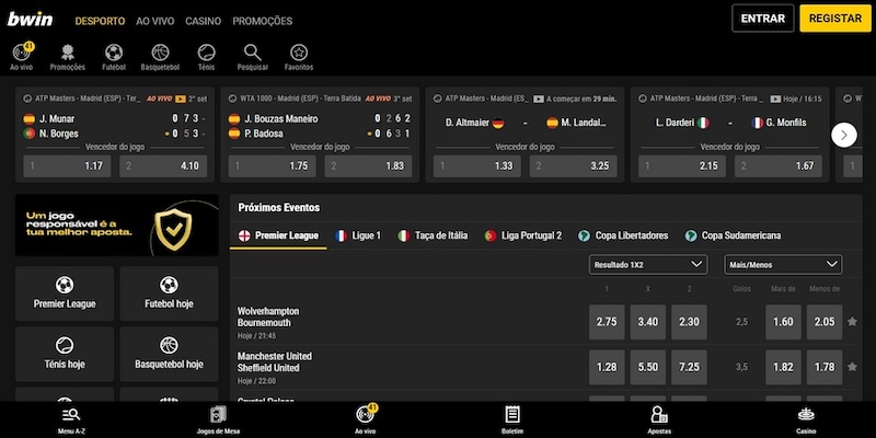 Captura de ecrã da página da bwin sport