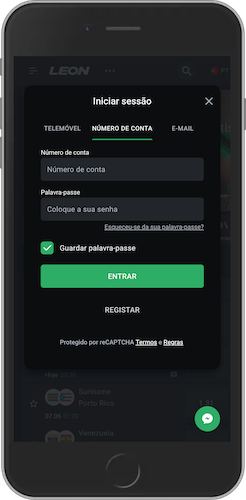 Captura de ecrã do telemóvel como fazer login Leon Bet