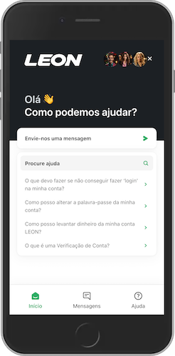 Captura de ecrã do telemóvel das opções de suporte da Leon Bet