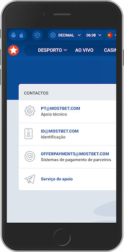 Captura de ecrã móvel das suporte ao cliente da Mostbet
