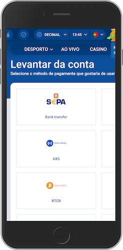Captura de ecrã móvel das opções de levantamento da Mostbet
