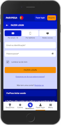 Captura de ecrã móvel como iniciar sessão na app Paripesa