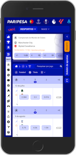 Captura de ecrã móvel da página de desporto do Paripesa