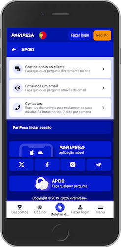 Captura de ecrã móvel da apoio ao cliente do Paripesa