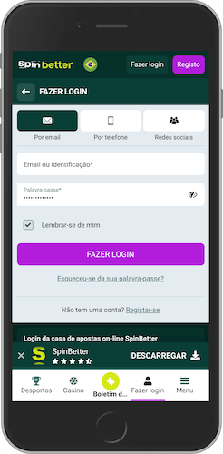 Captura de ecrã do telemóvel como login no Spinbetter app