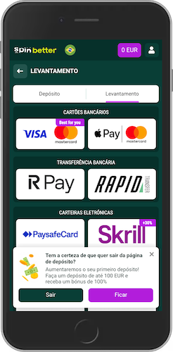 Captura de ecrã da métodos de pagamento do Spinbetter
