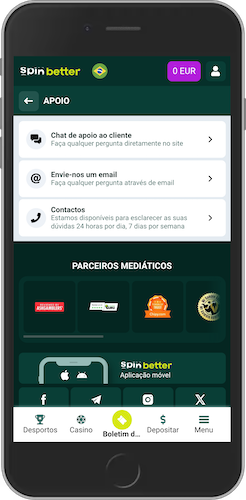 Captura de ecrã móvel das opções de suporte do Spinbetter