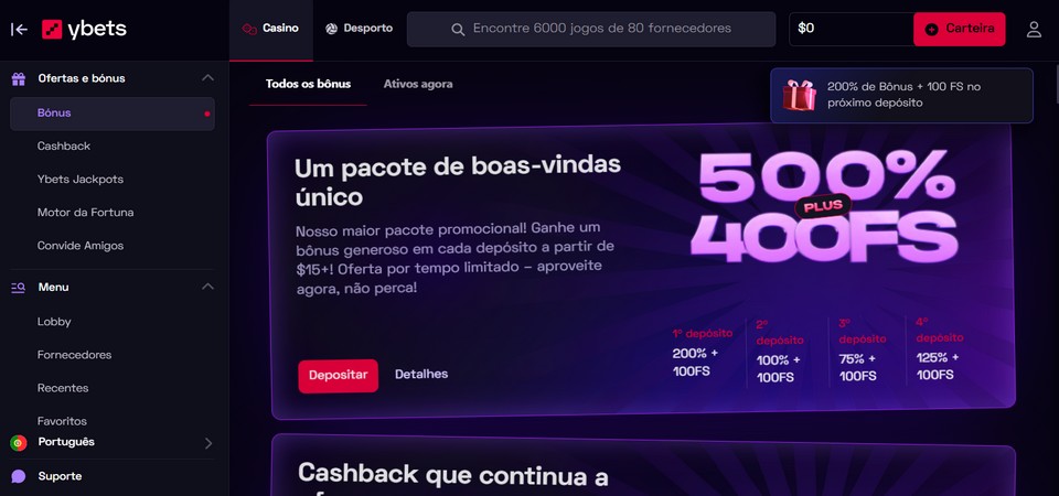 Captura de ecrã da página promocional da Ybets