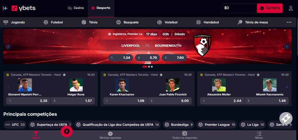 Captura de ecrã da página desportiva da Ybets