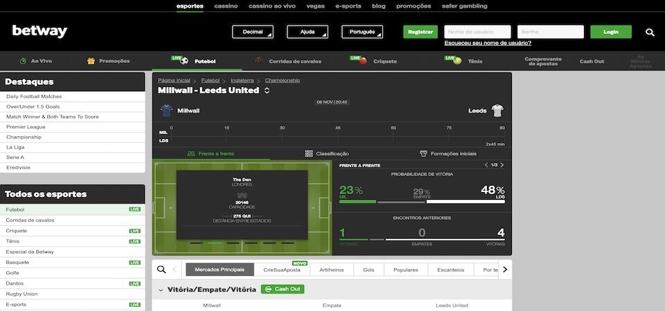 captura de ecrã da página de desporto da betway