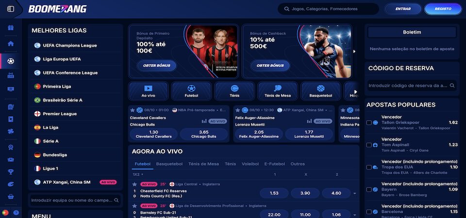 Captura de ecrã da página desportiva do Boomerang-bet.com