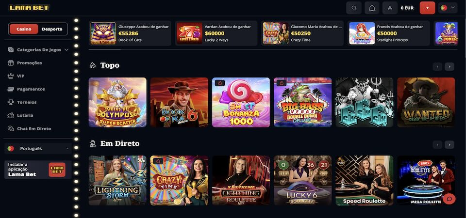Captura de ecrã da página do casino Lamabet