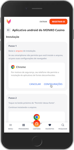 Captura de ecrã do telemóvel como instalar a aplicação Monro Android