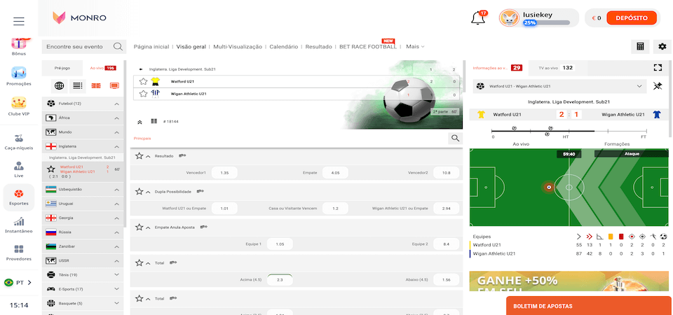 captura de ecrã da página de apostas ao vivo do monro