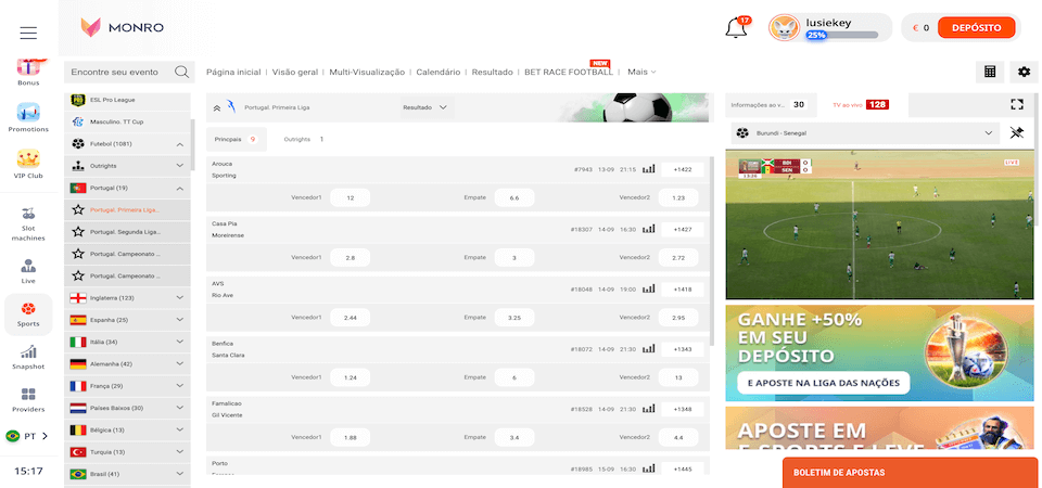 captura de ecrã da página de tipos de apostas monro