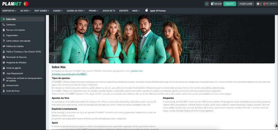 Página sobre nós da Planbet