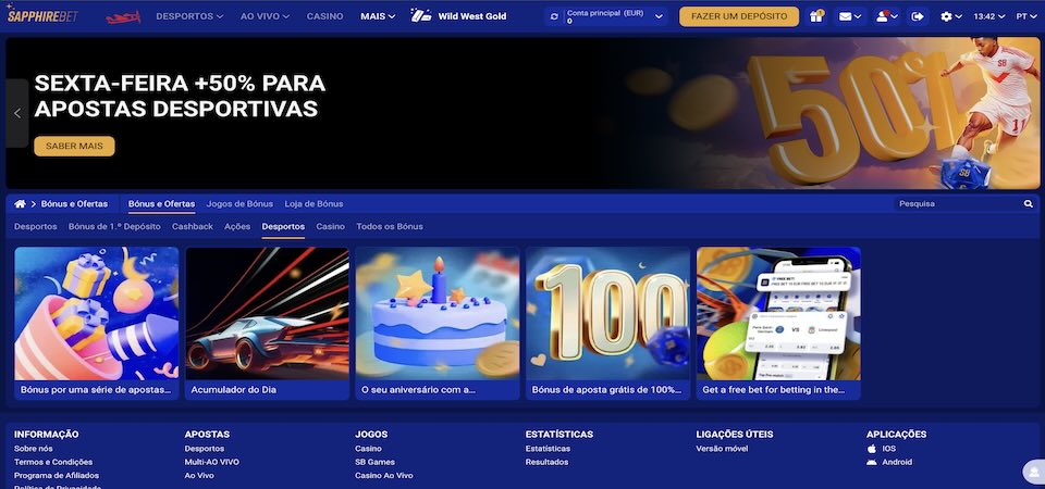Captura de ecrã da página de promoções da Sapphirebet